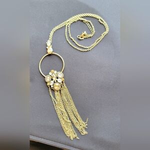 Beautiful Long Gold Pendant Necklace with Rhinestone Accents